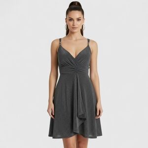 Nicole Benisti Metallic Silver Black Knee-Length Dress - Y2K Party Glam - Size S